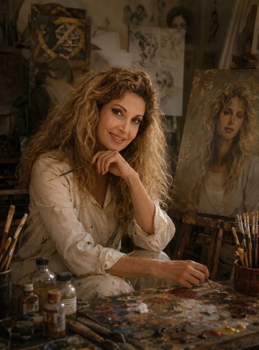 Chloé sur sa table de travail, un pinceau à la main, devant sa palette